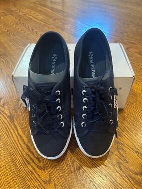 Superga Navy Canvas Low-Top Platform Sneakers with Ribbon Laces